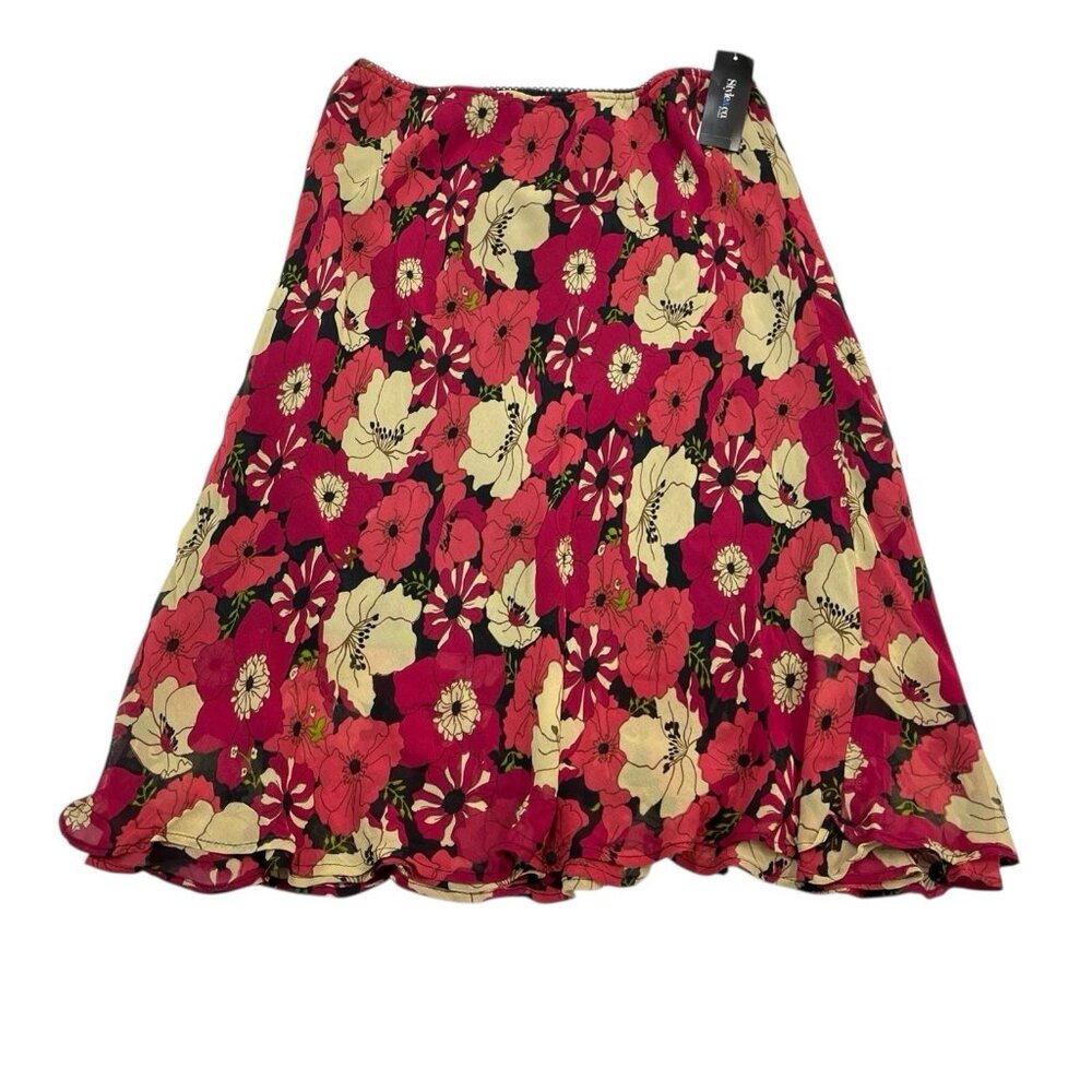 Vintage Y2K Skirt Womens 12P Red Floral Overlay Midi Pull‎ On Fairy Whimsigoth
